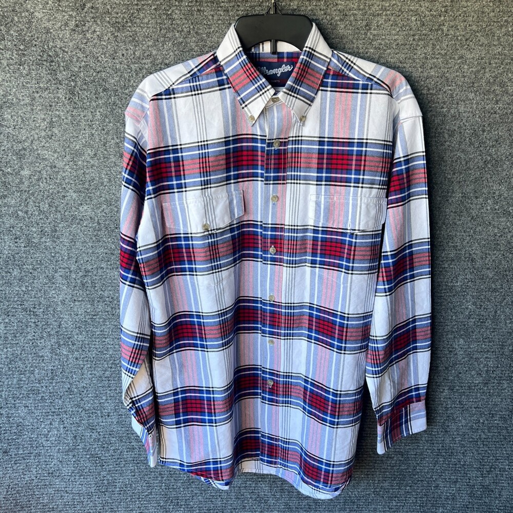 Wrangler Shirt Mens Medium Red White Blue Button Up Long Sleeve Brushpopper